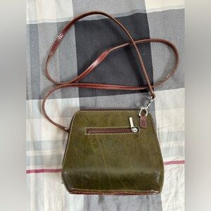 Vera Pelle (Italy) Forest Green Leather Crossbody Bag. Pockets. Silver Hardware.